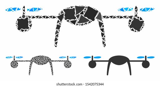 Airdrone composition of ragged pieces in different sizes and color hues, based on airdrone icon. Vector inequal pieces are grouped into collage. Airdrone icons collage with dotted pattern.