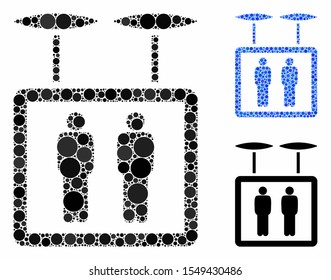 Airdrone elevator mosaic of filled circles in various sizes and color hues, based on airdrone elevator icon. Vector filled circles are composed into blue collage.