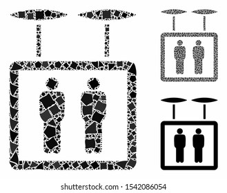 Airdrone elevator mosaic of inequal pieces in various sizes and color tones, based on airdrone elevator icon. Vector rugged pieces are combined into mosaic.