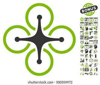 Airdrone icon with bonus calendar and time management symbols. Vector illustration style is flat iconic symbols, eco green and gray colors, white background.
