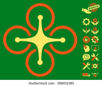 Airdrone icon with bonus configuration design elements. Vector illustration style is flat iconic symbols, orange and yellow colors, green background.