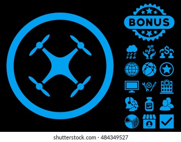 Airdrone icon with bonus images. Vector illustration style is flat iconic symbols, blue color, black background.