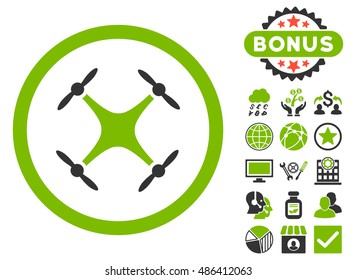 Airdrone icon with bonus images. Vector illustration style is flat iconic bicolor symbols, eco green and gray colors, white background.
