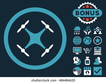 Airdrone icon with bonus pictogram. Vector illustration style is flat iconic bicolor symbols, blue and white colors, dark blue background.
