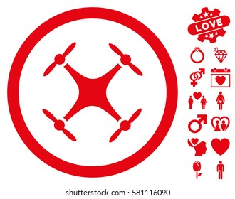 Airdrone icon with bonus valentine symbols. Vector illustration style is flat iconic red symbols on white background.