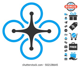 Airdrone icon with free bonus images. Vector illustration style is flat iconic symbols, blue and gray colors, white background.