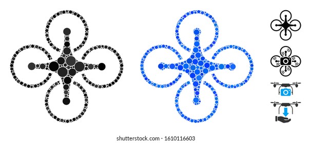 Airdrone mosaic of round dots in various sizes and color tints, based on airdrone icon. Vector dots are composed into blue illustration. Dotted airdrone icon in usual and blue versions.