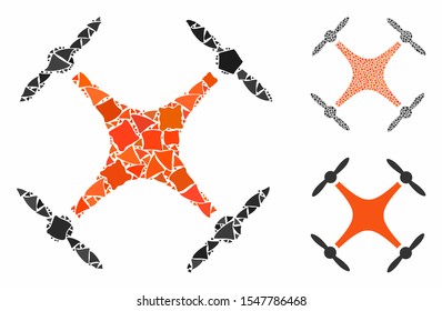 Airdrone mosaic of unequal elements in various sizes and color tinges, based on airdrone icon. Vector irregular pieces are combined into collage. Airdrone icons collage with dotted pattern.