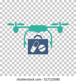 Airdrone Pharmacy Delivery EPS vector pictogram. Illustration style is flat iconic bicolor cobalt and cyan symbol.