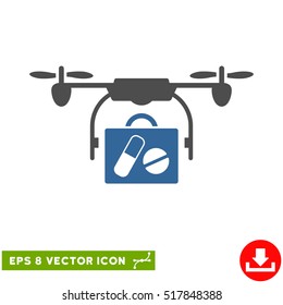 Airdrone Pharmacy Delivery EPS vector pictogram. Illustration style is flat iconic bicolor cobalt and gray symbol on white background.