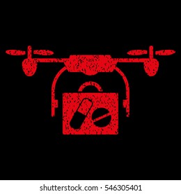 Airdrone Pharmacy Delivery grainy textured icon for overlay watermark stamps. Flat symbol with dirty texture. Dotted vector red ink rubber seal stamp with grunge design on a black background.