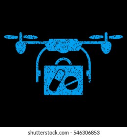 Airdrone Pharmacy Delivery grainy textured icon for overlay watermark stamps. Flat symbol with dust texture. Dotted vector blue ink rubber seal stamp with grunge design on a black background.