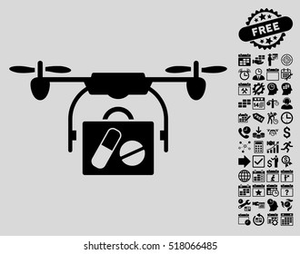Airdrone Pharmacy Delivery icon with bonus calendar and time management pictures. Vector illustration style is flat iconic symbols, black color, light gray background.
