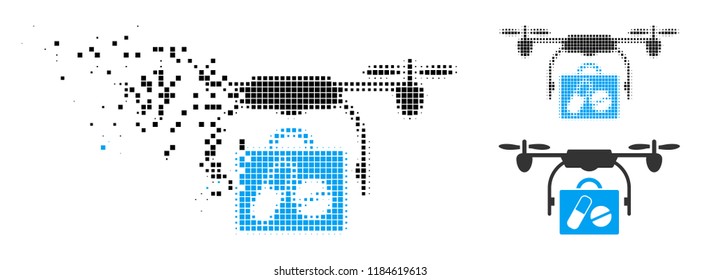 Airdrone pharmacy delivery icon in fractured, pixelated halftone and original variants. Points are grouped into vector disappearing airdrone pharmacy delivery icon.