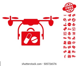 Airdrone Pharmacy Delivery icon with free bonus symbols. Vector illustration style is flat iconic symbols, red color, white background.