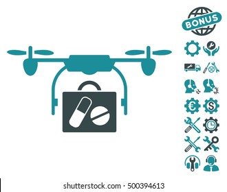 Airdrone Pharmacy Delivery pictograph with bonus tools symbols. Vector illustration style is flat iconic symbols, soft blue colors, white background.