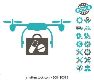 Airdrone Pharmacy Delivery pictograph with bonus configuration symbols. Vector illustration style is flat iconic symbols, grey and cyan colors, white background.