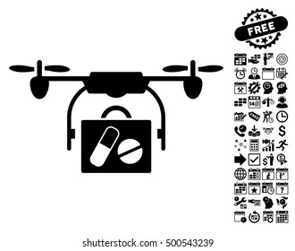 Airdrone Pharmacy Delivery pictograph with bonus calendar and time service images. Vector illustration style is flat iconic symbols, black color, white background.