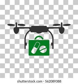 Airdrone Pharmacy Delivery vector pictogram. Illustration style is flat iconic bicolor green and gray symbol on a transparent background.
