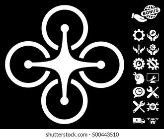 Airdrone pictograph with bonus tools graphic icons. Vector illustration style is flat iconic symbols, white color, black background.