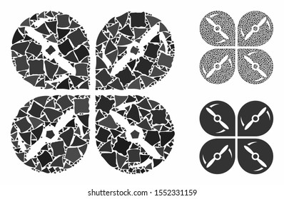 Airdrone screws rotation composition of uneven pieces in different sizes and shades, based on airdrone screws rotation icon. Vector raggy pieces are grouped into collage.