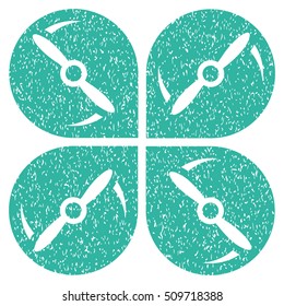 Airdrone Screws Rotation grainy textured icon for overlay watermark stamps. Flat symbol with scratched texture. Dotted vector cyan ink rubber seal stamp with grunge design on a white background.