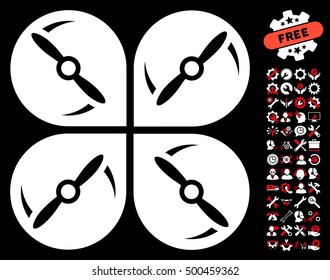 Airdrone Screws Rotation icon with bonus options symbols. Vector illustration style is flat iconic symbols, red and white colors, black background.