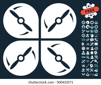 Airdrone Screws Rotation pictograph with bonus setup tools images. Vector illustration style is flat iconic symbols, blue and white colors, dark blue background.