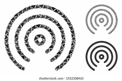 Airdrop center composition of abrupt elements in various sizes and color tinges, based on airdrop center icon. Vector ragged elements are organized into composition.