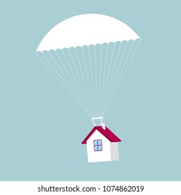 Airdrop concept design,house fall from the sky. The background is blue.