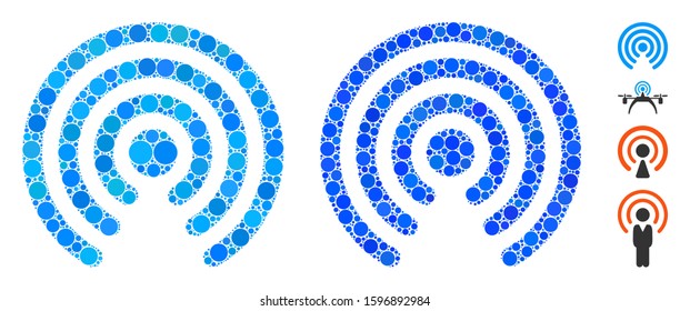 Airdrop source mosaic of round dots in variable sizes and color tones, based on airdrop source icon. Vector round elements are composed into blue mosaic.