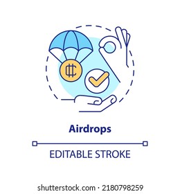 Airdrops concept icon. Projects promotion. Way to make money on crypto abstract idea thin line illustration. Isolated outline drawing. Editable stroke. Arial, Myriad Pro-Bold fonts used