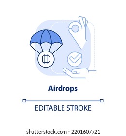 Airdrops light blue concept icon. Projects promotion. Way to make money on crypto abstract idea thin line illustration. Isolated outline drawing. Editable stroke. Arial, Myriad Pro-Bold fonts used
