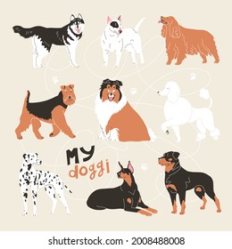 Airedale, English cocker, Poodle, Doberman, collie, Bullterrier, husky. Vector illustration. Flat style. Isolated on light background. Fanny animals, doglover, breads, home pats, four-legged friend. 