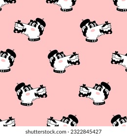 Airedale Seamless Pattern. Funny repeat vector illustration of comic smiling dog with beard mustache and beret in doodle style on pink background