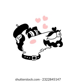 Airedale Terrier Cartoon Portrait. Pedigree smiling dog with beard mustache beret hat collar and hearts. Funny happy pet head. Vector illustration