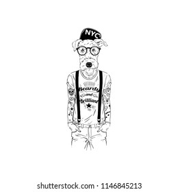 Airedale terrier dog dressed up in hipster urban style, anthropomorphic animal illustration