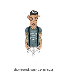 Airedale terrier dog dressed up in hipster urban style, anthropomorphic animal illustration