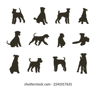 Airedale terrier dog silhouettes, Airedale terrier dog silhouette set