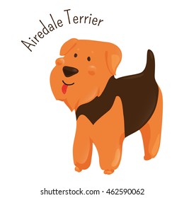 Airedale Terrier isolated on white background. Bingley and Waterside dog. Medium-length black and tan coat. Domesticated canid. Part of series of cartoon puppy species. Child fun pattern icon. Vector