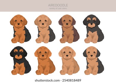 Mezcla de caniche Airedale terrier. Clipart Airedoodle. Conjunto de diferentes colores de pelaje.  Ilustración vectorial