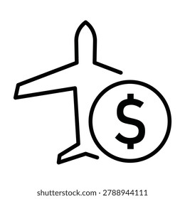 Airfare line icon representing flight costs, travel expenses, and airline pricing. Vector symbol suitable for booking platforms, tourism websites, and transportation applications.