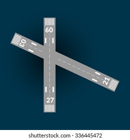 Airfield runway top view. Airport elements. Instrument landing system scheme. Airport label, sign and mark.