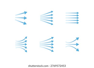 Airflow arrow icon set. cold waves and wind streams. Transparent blue symbols for ventilation, AC, purifier or climate control vector illustration. Clean and modern design.