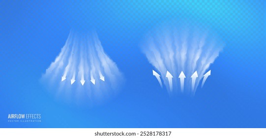 Flujo de aire caliente con el vapor del efecto del concepto de la flecha aislado en el fondo ligero de la rejilla. Aire limpio del humidificador del chorro de Vector