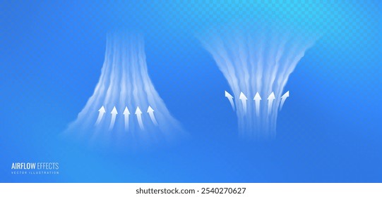 Airflow hot with arrow concept effect steam isolated on light grid background. Vector jet humidifier clean air