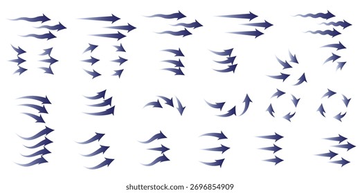 Conjunto de ícones de fluxo de ar com setas circulares, ondas de calor e fluxos de vento. Símbolos vermelhos transparentes para ventilação, ar condicionado, purificador ou ilustração do vetor de controlo climático. Design limpo e moderno