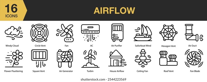 Airflow icon set. Includes windy cloud, turbine, vent, roof, fan, and More. Outline icons vector collection.