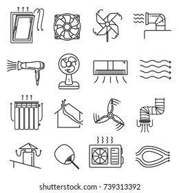 Airflow Line Icon Set. Motion Of Air, Airflow Moving In Airplane, Fan Or Automobile Technology And Engineering. Vector Line Art Illustration Isolated On White Background