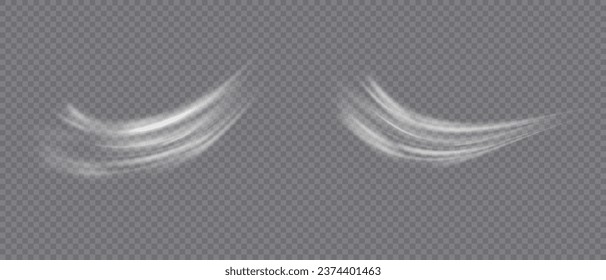 Luftstrom, weiße Dämpfe oder kühler Brise-Bewegungseffekt einzeln auf transparentem Hintergrund. Realistische Vektorgrafik abstrakter Windströmungen, Staubbewegungen oder Kratzlinien.